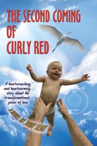 Red-headed baby in cowboy boots is tossed in the air. Arms are outstretched to catch him; A huge white bird flies overhead